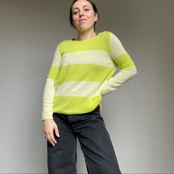 Luisa Cerano Lime Green White Cashmere Light Weight Pullover Sweater Sz M - Picture 2 of 11